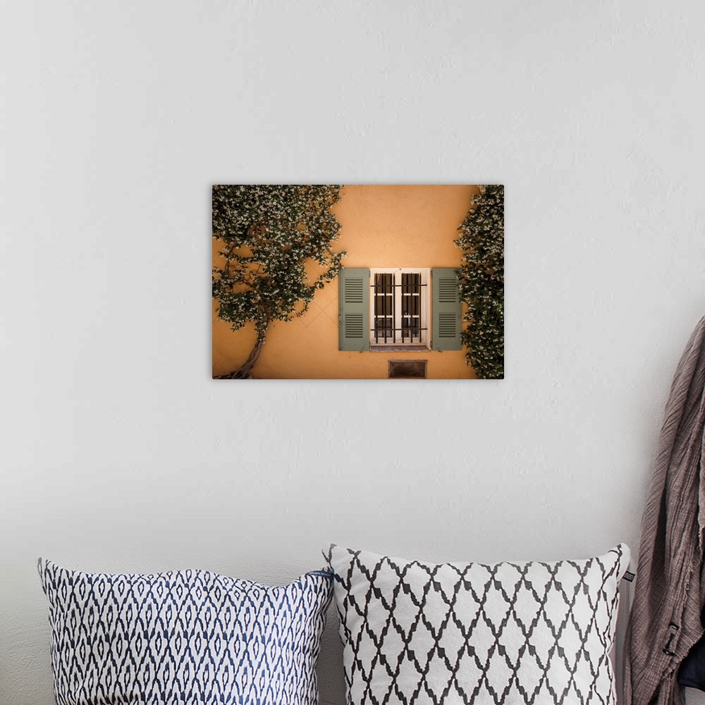 A bohemian room featuring Photograph of an orange facade with a window framed in with two blossoming trees.