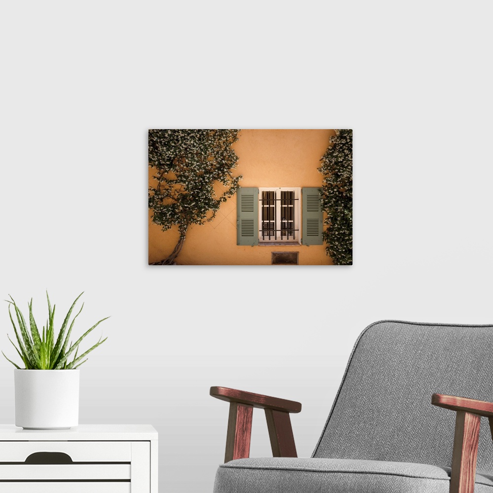 A modern room featuring Photograph of an orange facade with a window framed in with two blossoming trees.