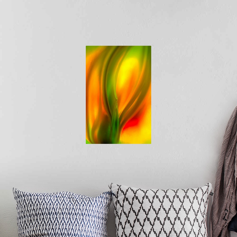 A bohemian room featuring Vertical, fine art, close up photograph of a vibrant tulip, the image is very soft and fluid with...