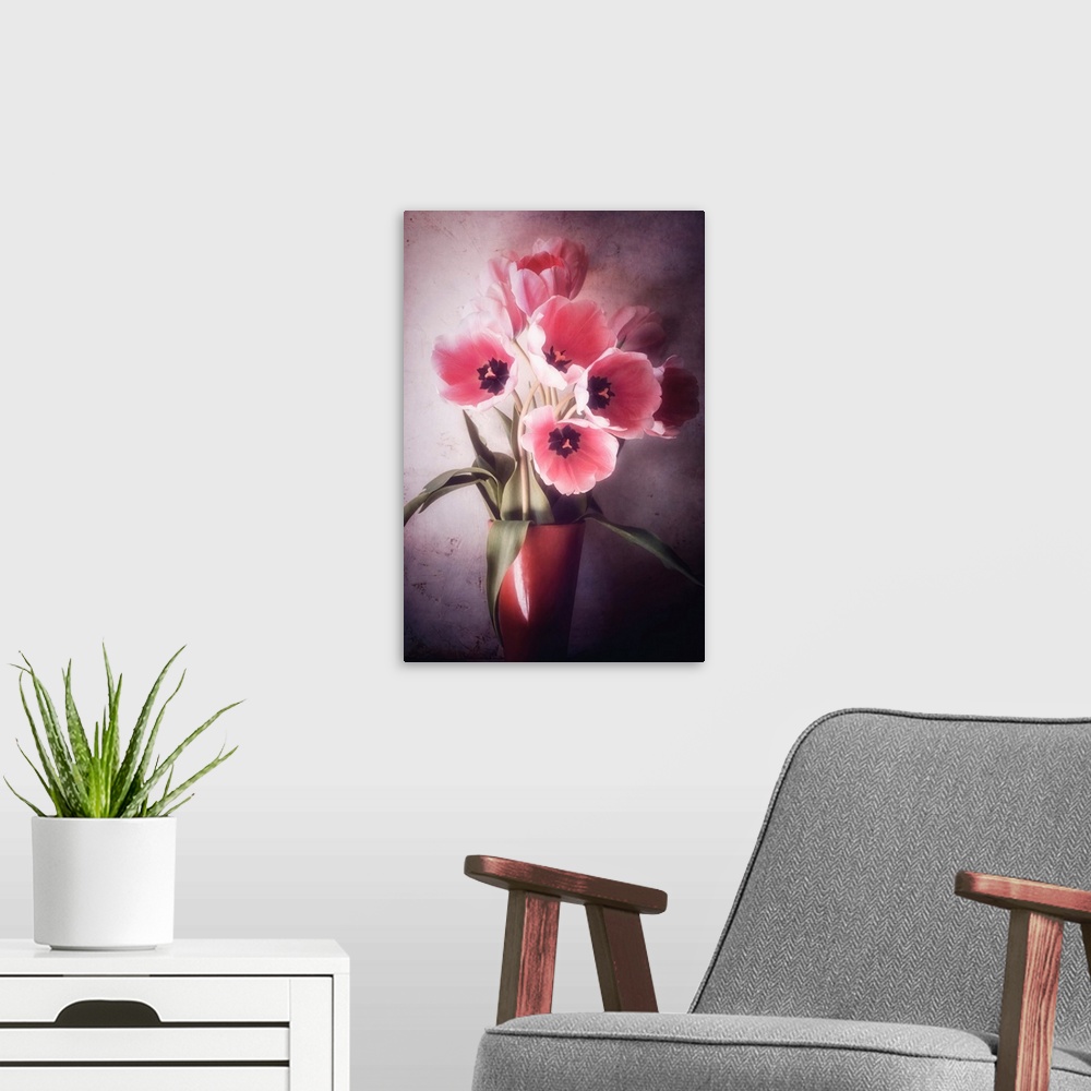 A modern room featuring Bouquet of tulips with a photo texture