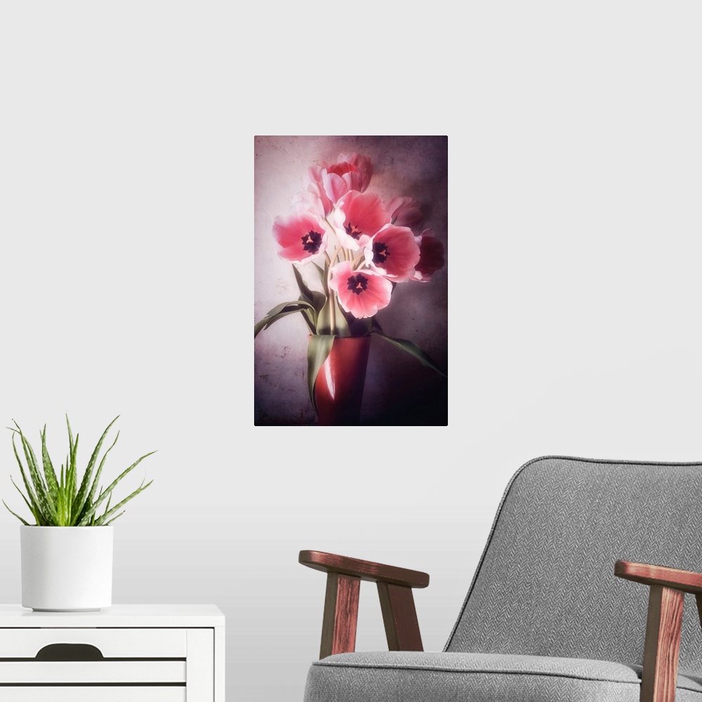 A modern room featuring Bouquet of tulips with a photo texture