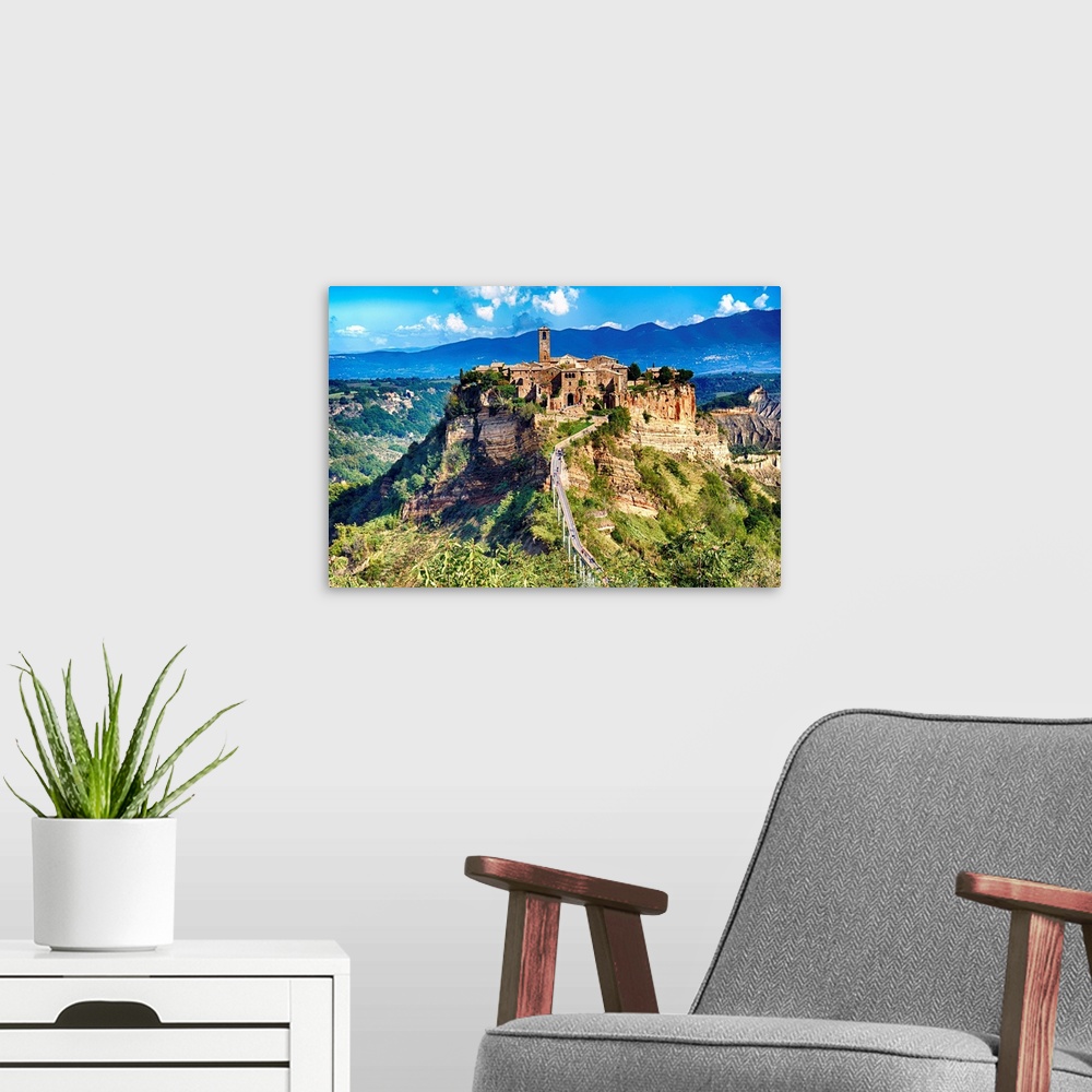 A modern room featuring Panoramic View of an Ancient Hill top Town, Civita di Bagnoregio, Umbria, Italy