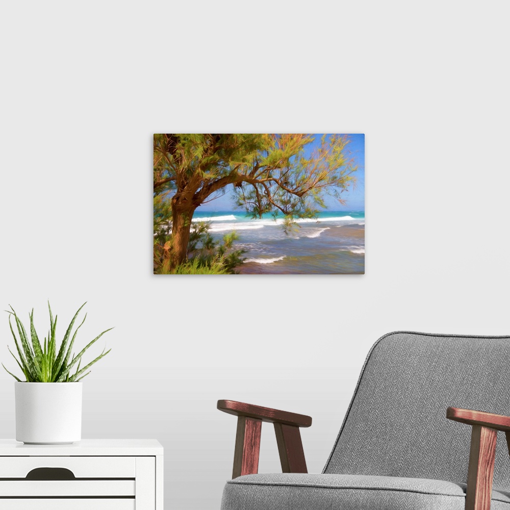 A modern room featuring A photograph of a beach seen through the underside of a trees hanging branches.