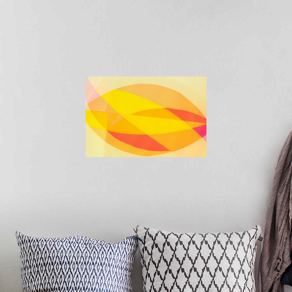 A bohemian room featuring A cheerful yellow red and orange abstract expressionistic image of ovals, triangles and flowing s...