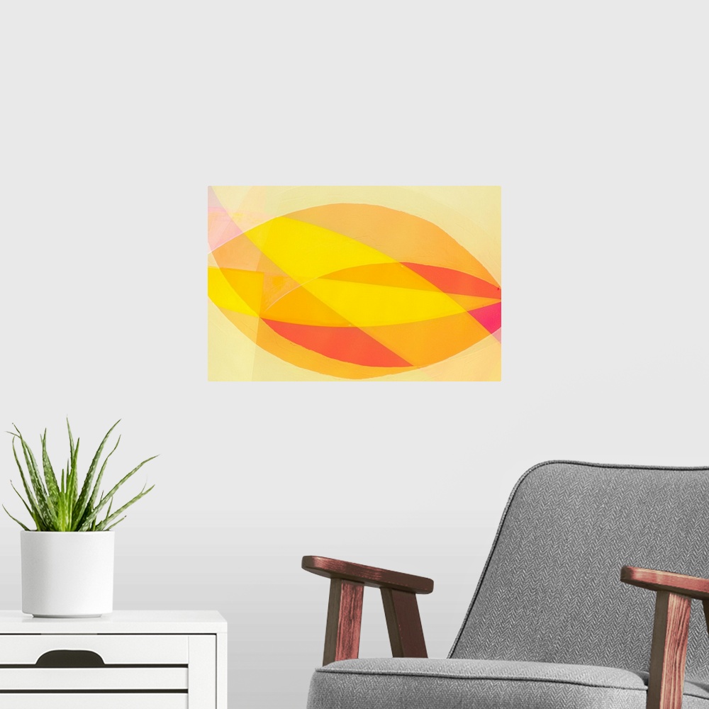 A modern room featuring A cheerful yellow red and orange abstract expressionistic image of ovals, triangles and flowing s...