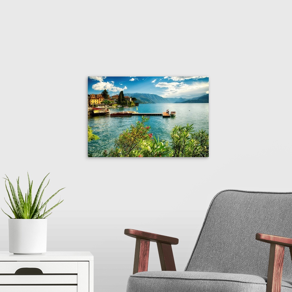 A modern room featuring Fine art photo of a pier leading out to the center of a lake in Italy.