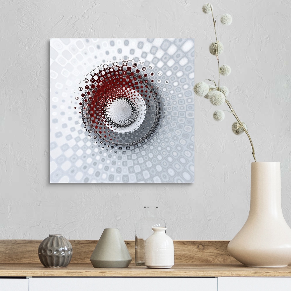 A farmhouse room featuring Abstract artwork created by editing a photograph into a circular form.