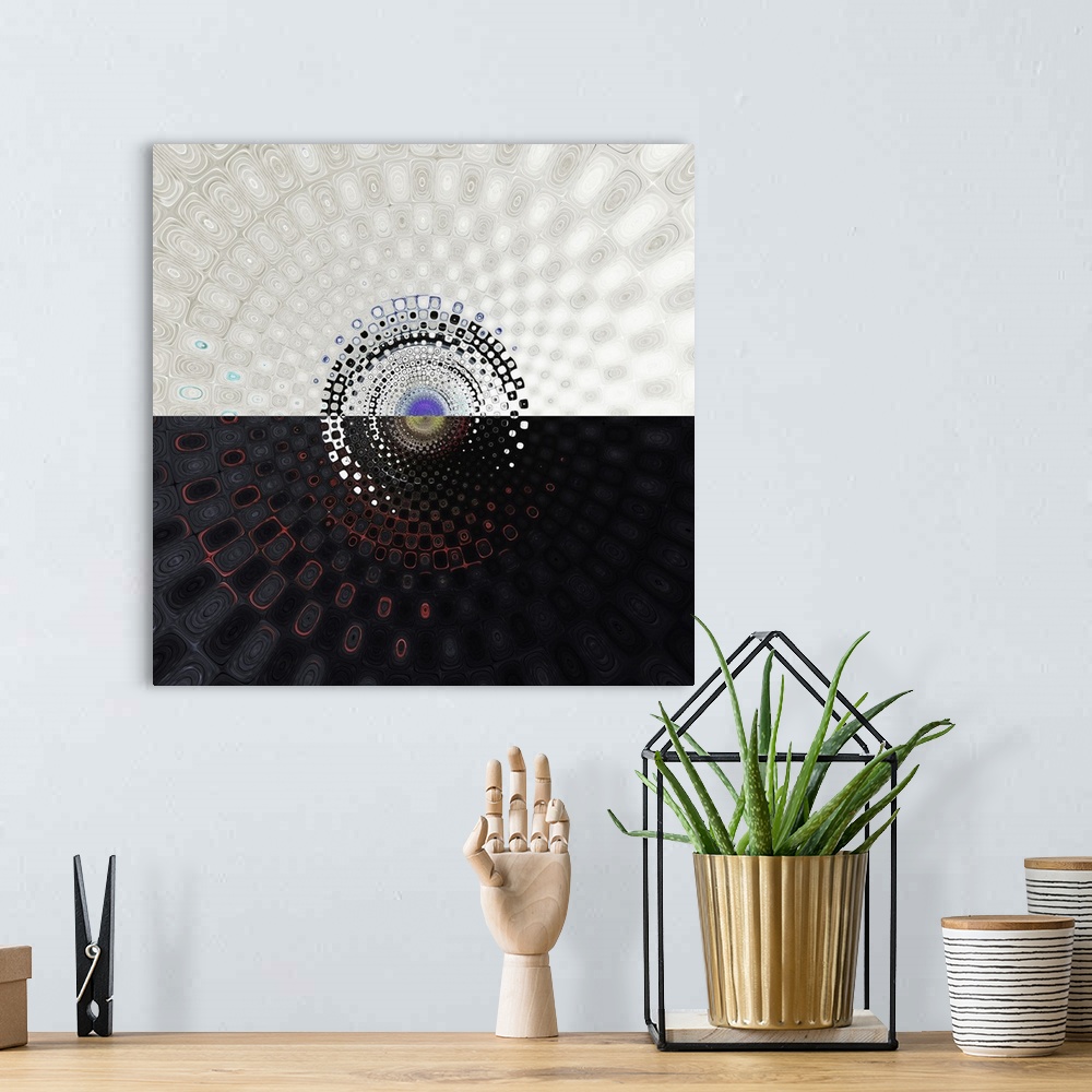 A bohemian room featuring Abstract artwork created by editing a photograph into a circular form.
