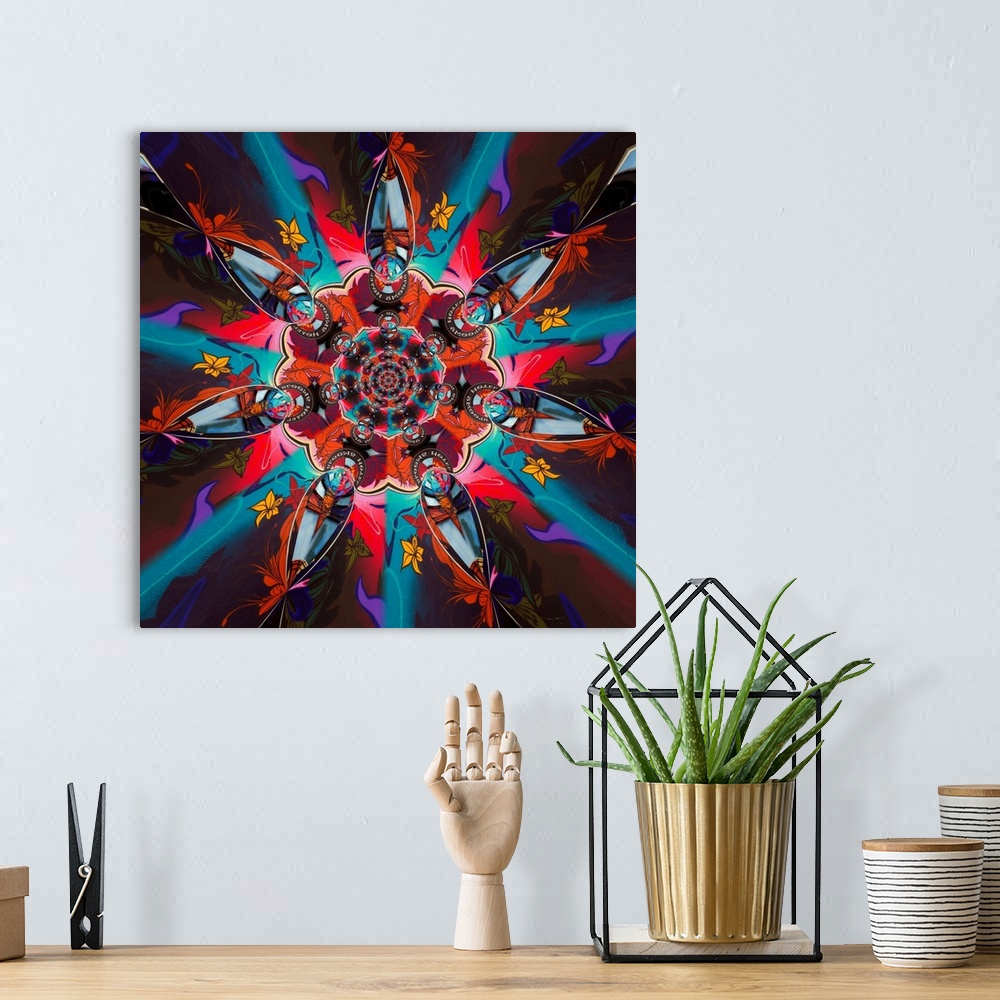 A bohemian room featuring Psychedelic circular figure created with different shapes and colors.