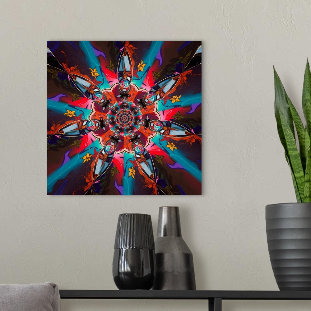 A modern room featuring Psychedelic circular figure created with different shapes and colors.