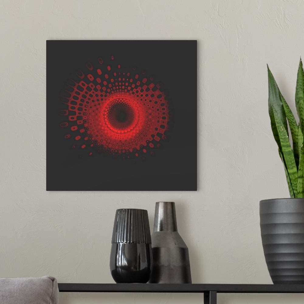 A modern room featuring Square abstract art with red squares creating a circle and depth in the center of the canvas.