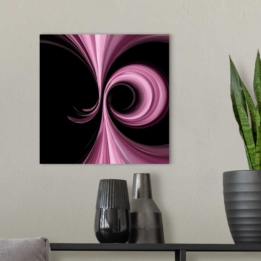 A modern room featuring Bands of pink and purple hues pulling in from the top and bottom and looping into circles in the ...