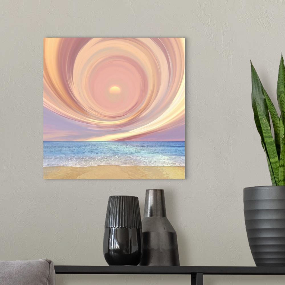 A modern room featuring Conceptual photograph of a pink spiraled circle in the sky above the ocean and beach.
