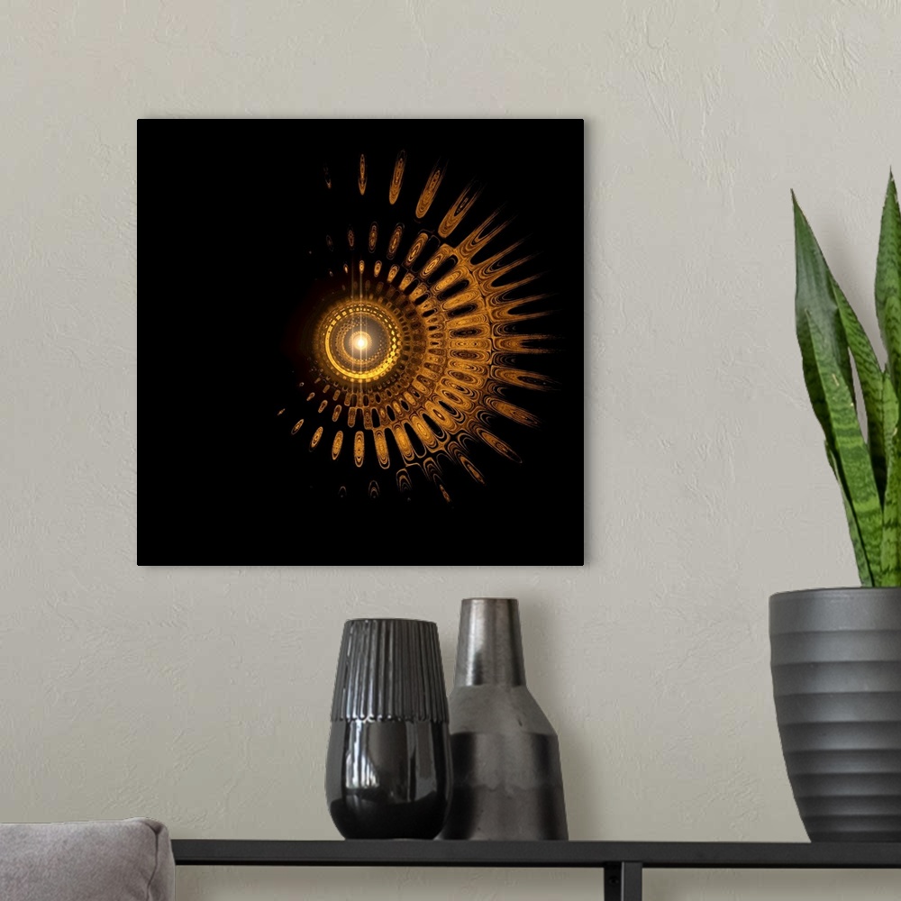 A modern room featuring Golden circles inside circles, creating circles and depth on a black background.