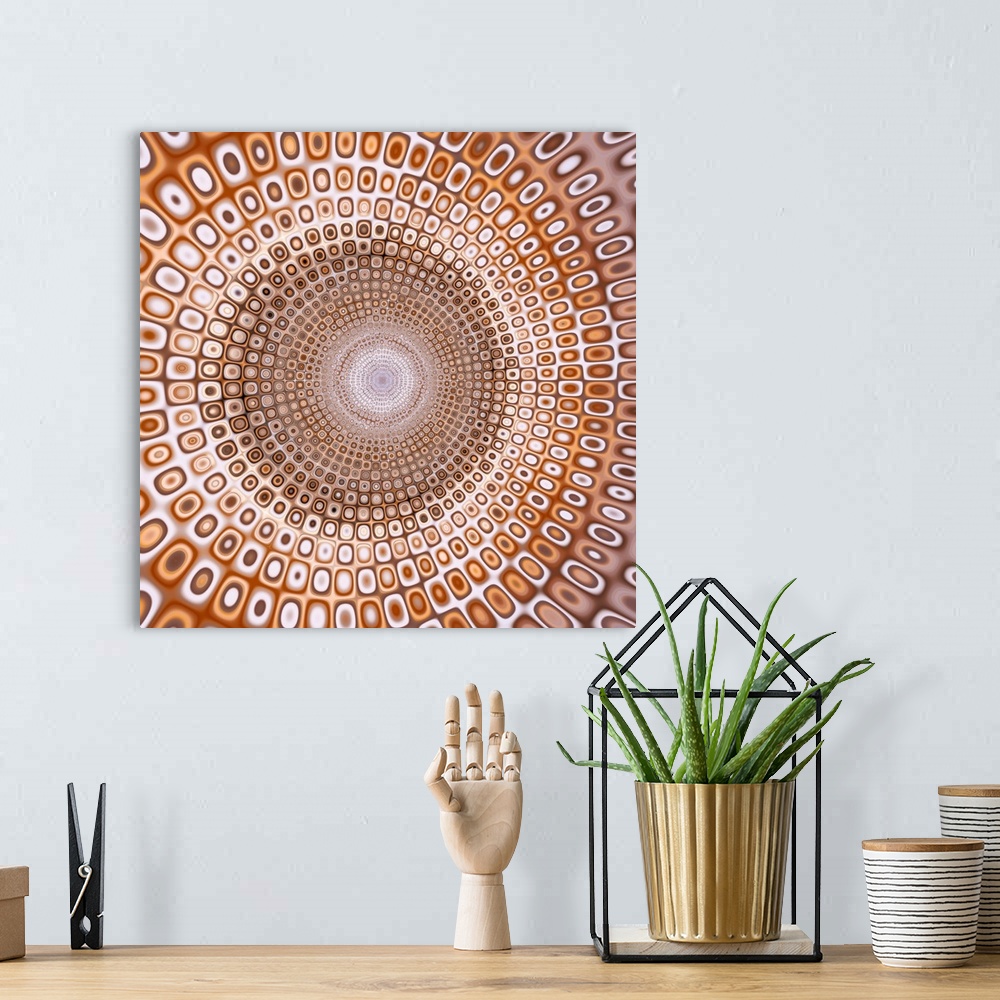 A bohemian room featuring Psychedelic square abstract in shades of brown, orange, and white with circles creating smaller c...