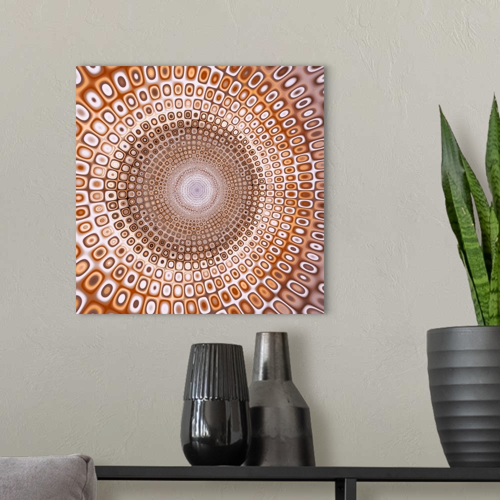 A modern room featuring Psychedelic square abstract in shades of brown, orange, and white with circles creating smaller c...