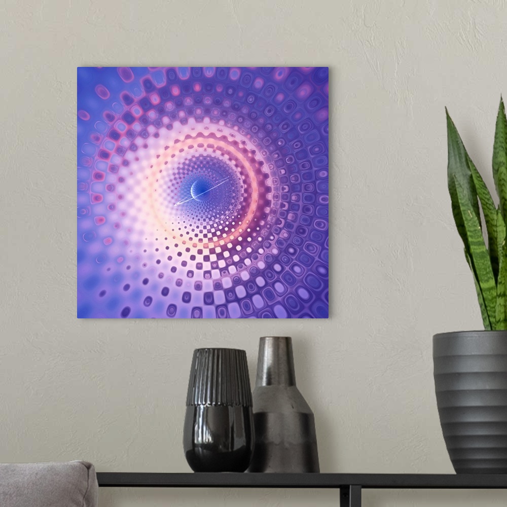 A modern room featuring Saturn in the center of spinning circular shapes that create depth.