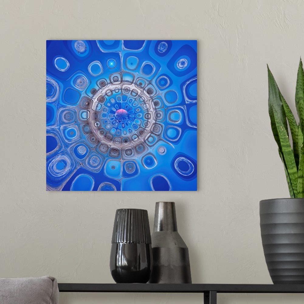 A modern room featuring Square abstract art with circular shapes creating circles into the center in shades of blue and g...