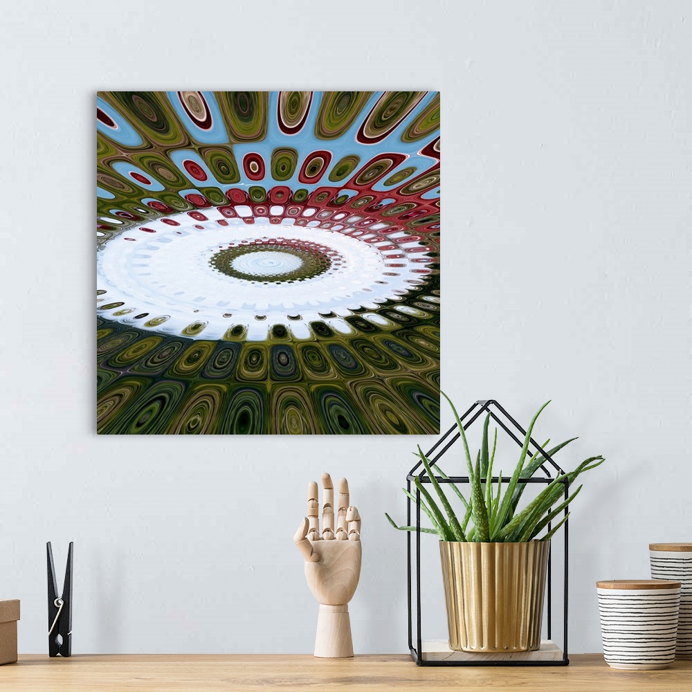 A bohemian room featuring Square abstract art with circles creating squares and leading to a bright white circular center t...