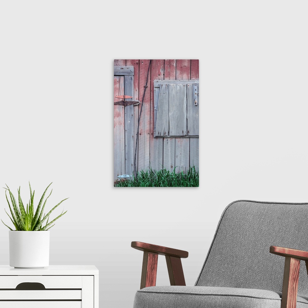 A modern room featuring Closeup of the side of a weathered barn with fading colors.