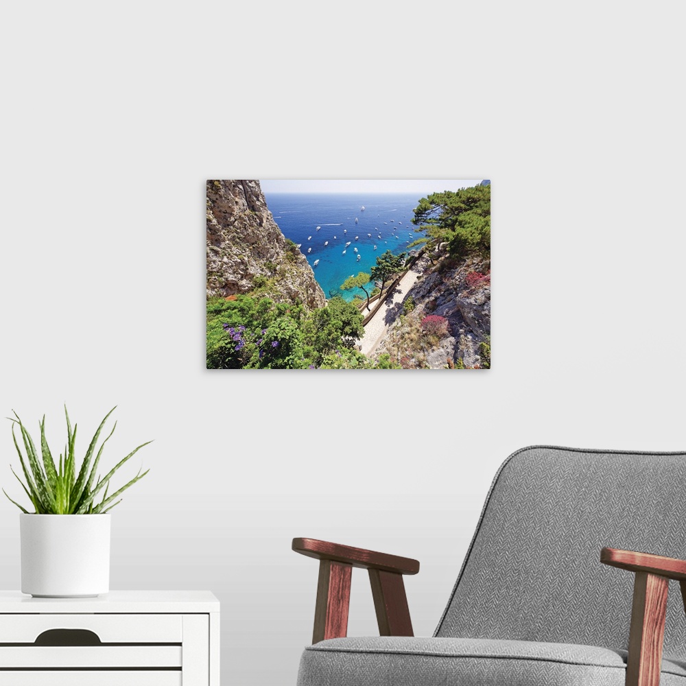 A modern room featuring High Angle View of Coastline with a Trail, Via Krupps, Capri, Campania, Italy.