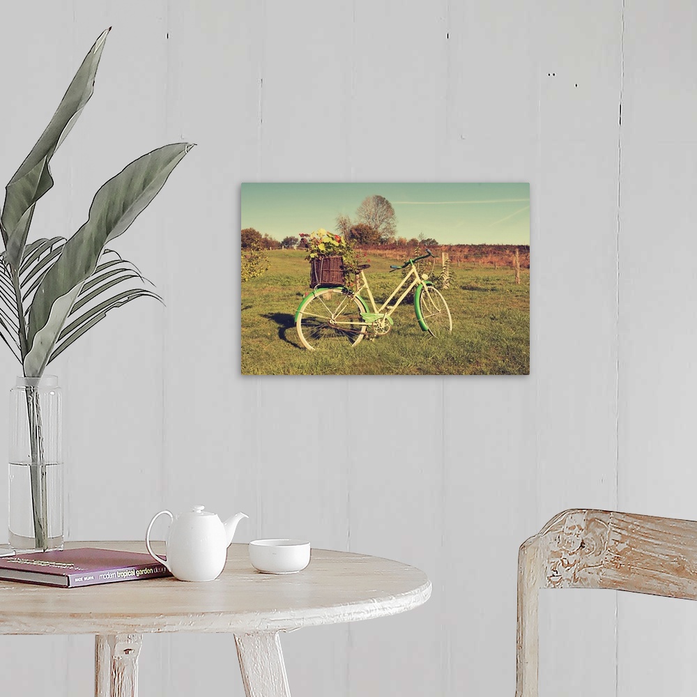 A farmhouse room featuring A photograph of a vintage green and white bicycle standing in a field.