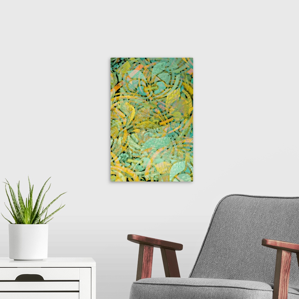 A modern room featuring A curvaceous abstract of flowing shapes in shades of vivid gold and turquoise green.