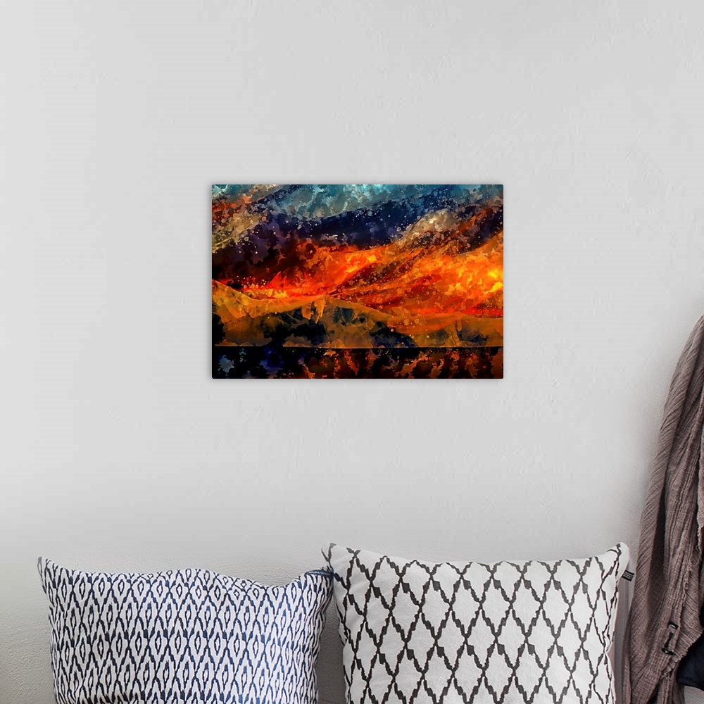 A bohemian room featuring An eruption of warm colors wrestling cool shades in this abstract artwork.
