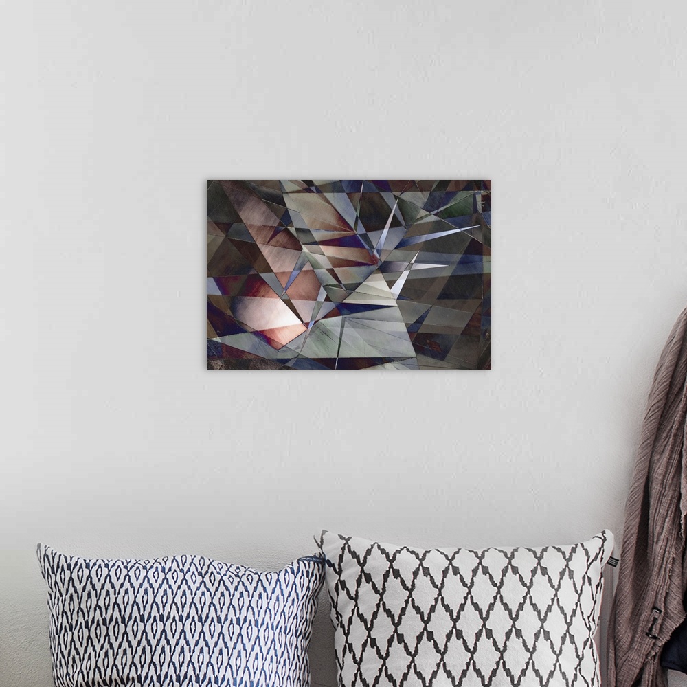 A bohemian room featuring Colorful geometric abstract photograph with blue, red, gray, green, and purple hues.