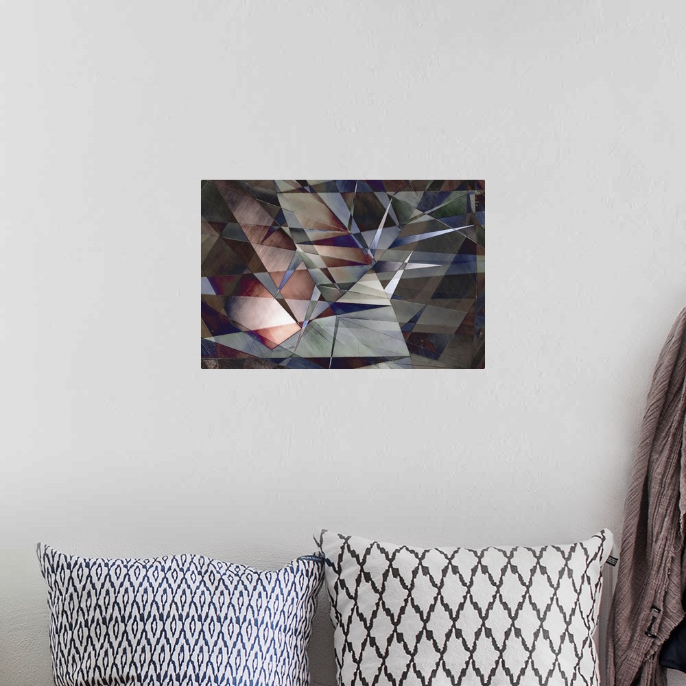 A bohemian room featuring Colorful geometric abstract photograph with blue, red, gray, green, and purple hues.