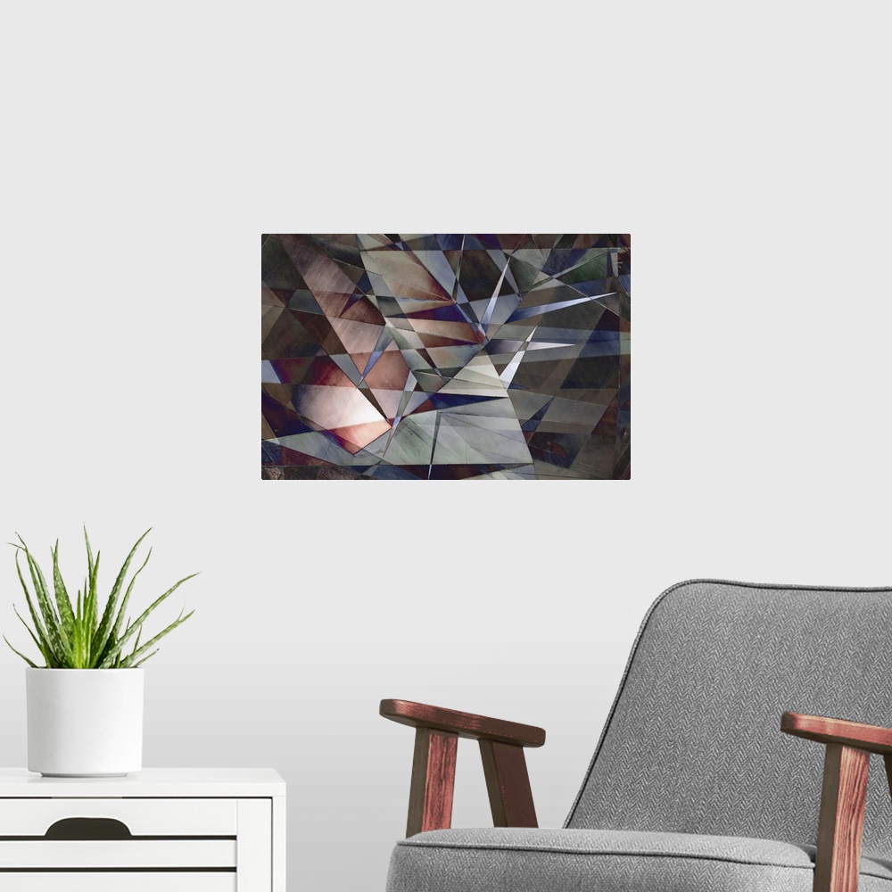 A modern room featuring Colorful geometric abstract photograph with blue, red, gray, green, and purple hues.
