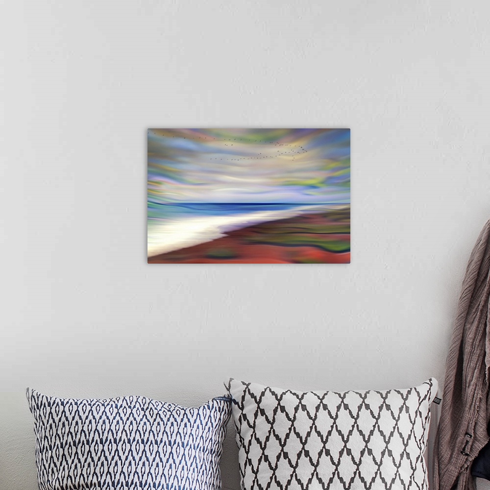 A bohemian room featuring Abstract photograph of blurred and blended colors and flowing lines, resembling foamy ocean waves...