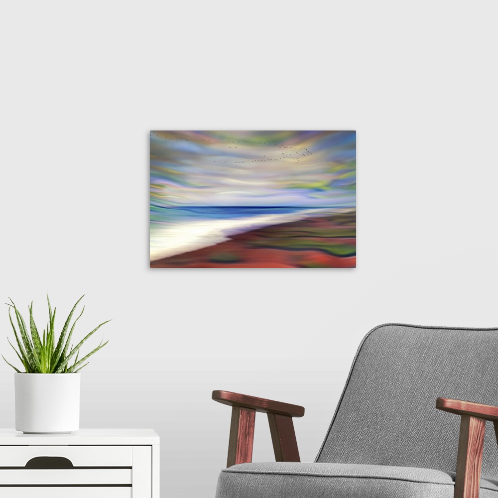 A modern room featuring Abstract photograph of blurred and blended colors and flowing lines, resembling foamy ocean waves...