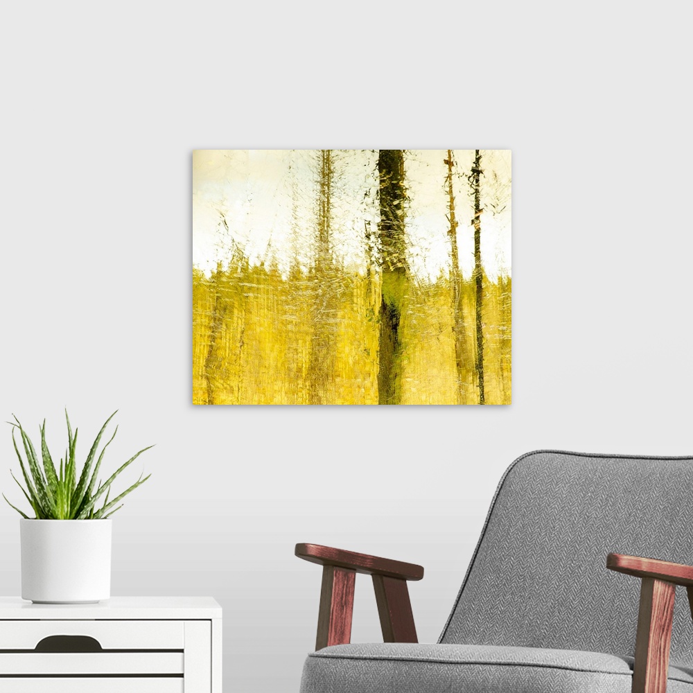A modern room featuring An abstraction of trees and foilage in warm gold and brown accomplished by In-camera-movement and...