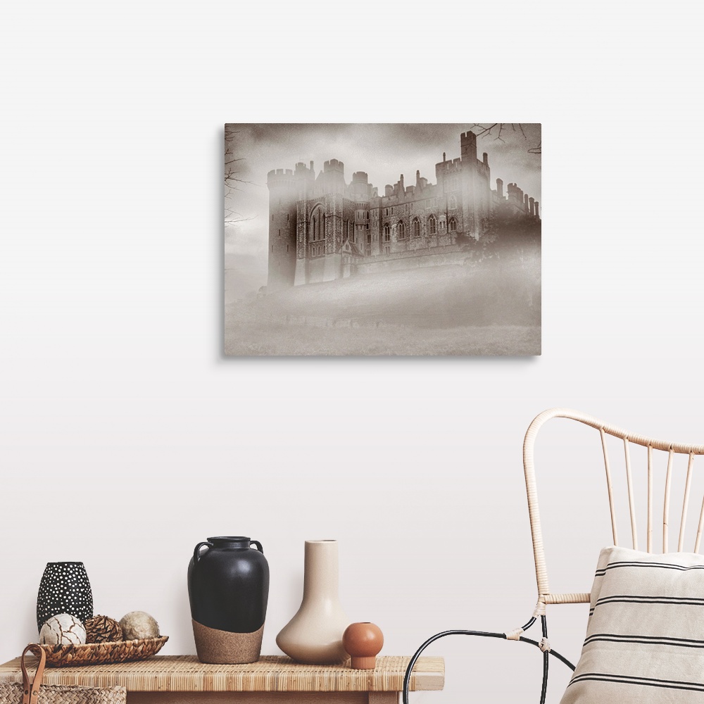 A farmhouse room featuring Warwick Castle in the Fog