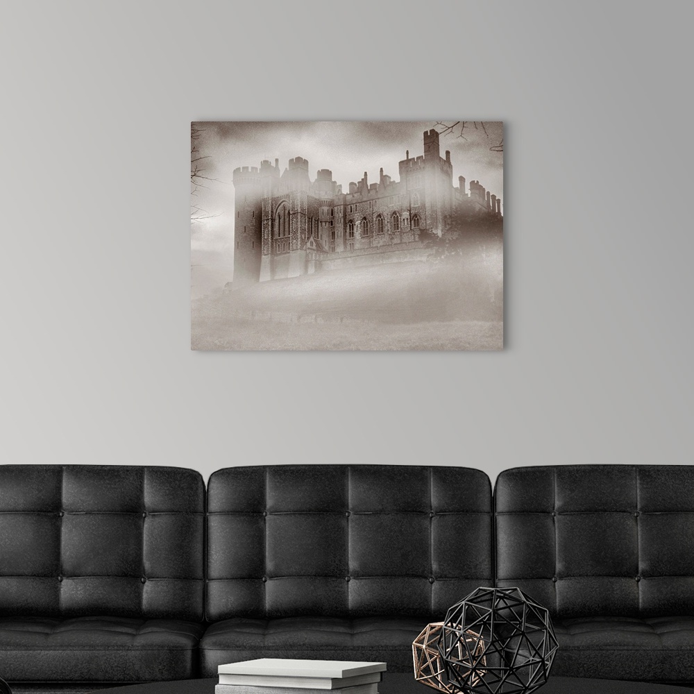 A modern room featuring Warwick Castle in the Fog