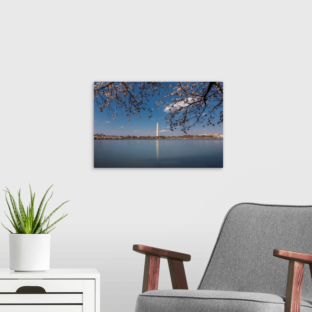A modern room featuring Daytime long exposure of Washington Monument and its reflection in Tidal Basin in the spring.
