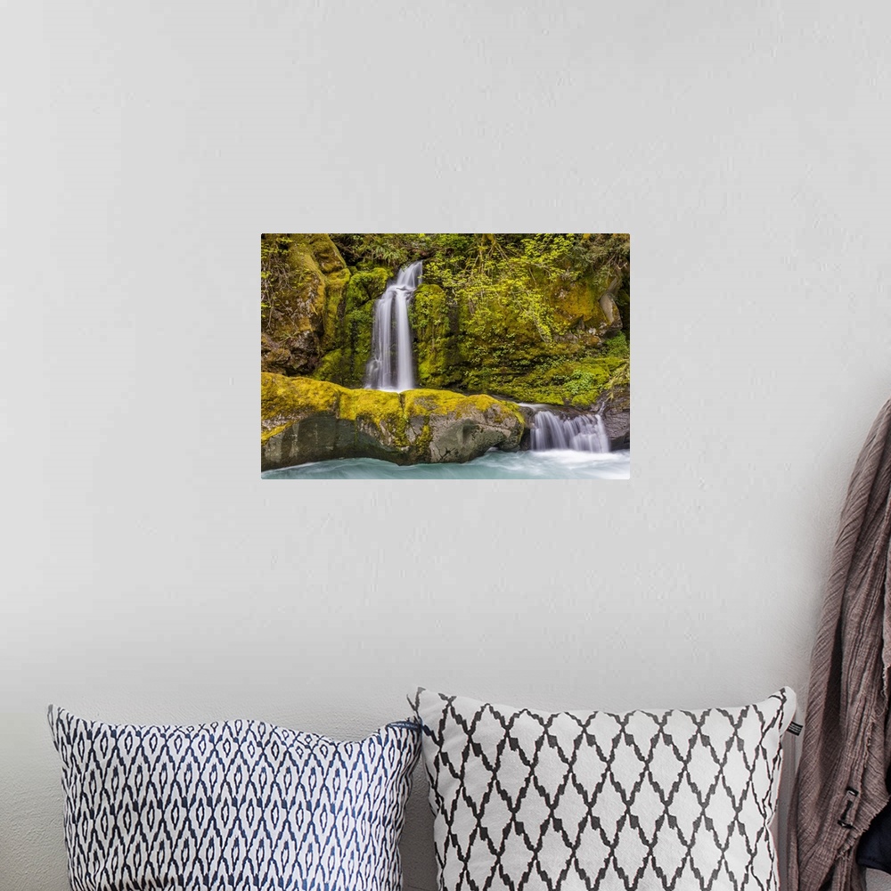 A bohemian room featuring A small waterfall pours into the Ohanapecosh River, Washington
