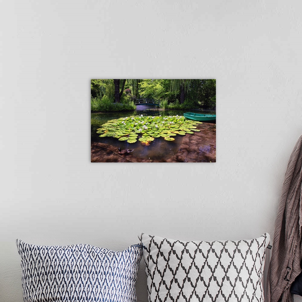 A bohemian room featuring A photograph of a pond with lily pads sitting on the surface of the water.