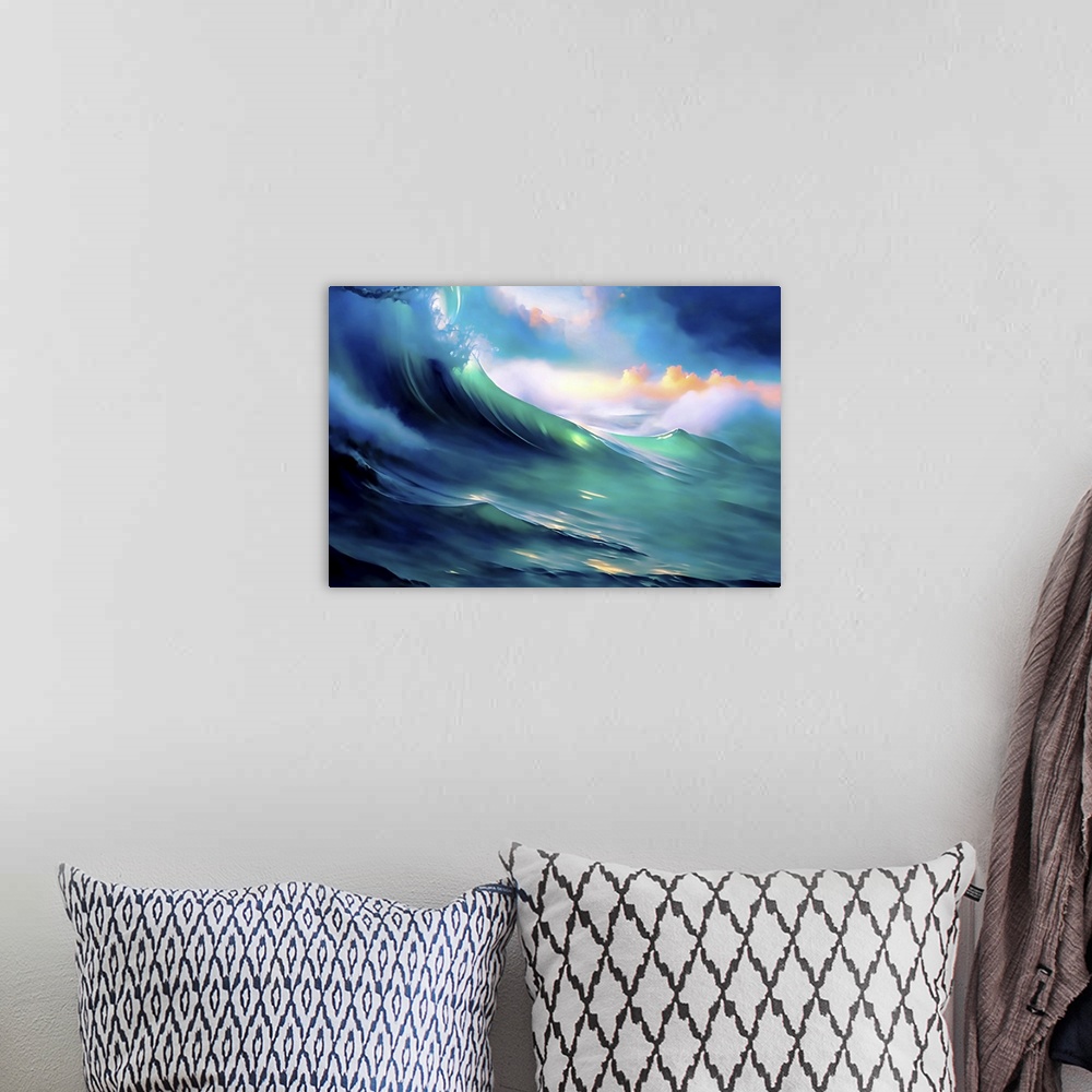 A bohemian room featuring Semi-abstract image of a wave, early morning sky in the background. This image is a re-interpreta...