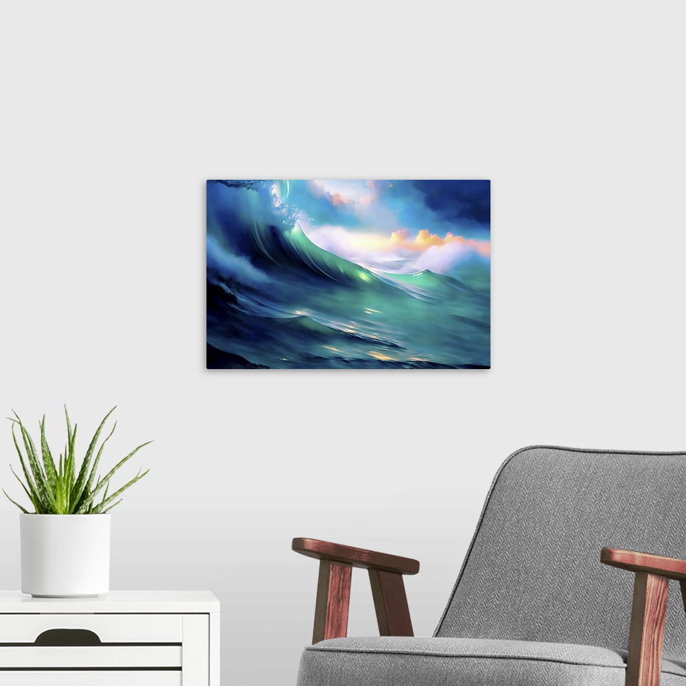A modern room featuring Semi-abstract image of a wave, early morning sky in the background. This image is a re-interpreta...