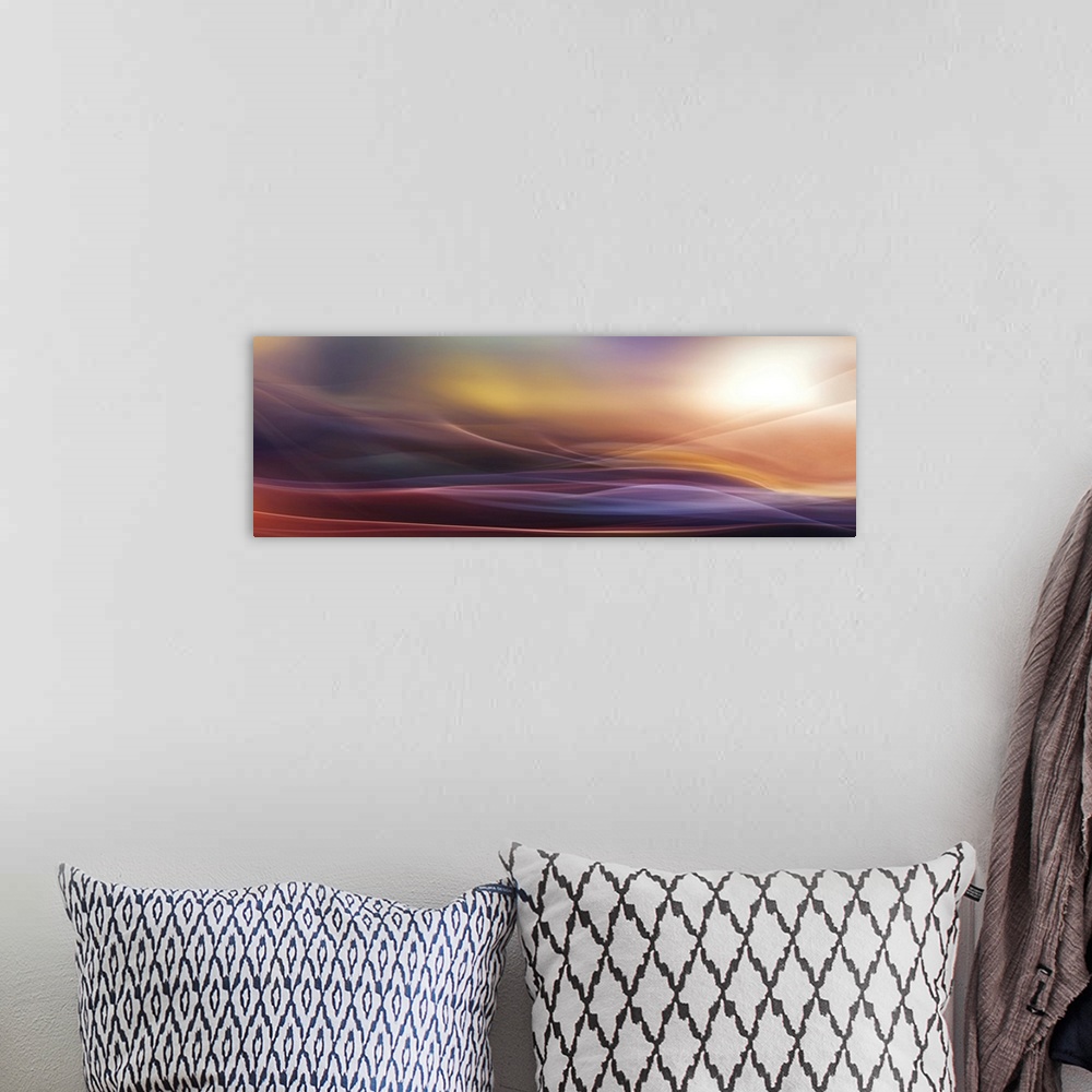 A bohemian room featuring Abstract photograph of blurred and blended colors and flowing lines in shades of purple and orange.