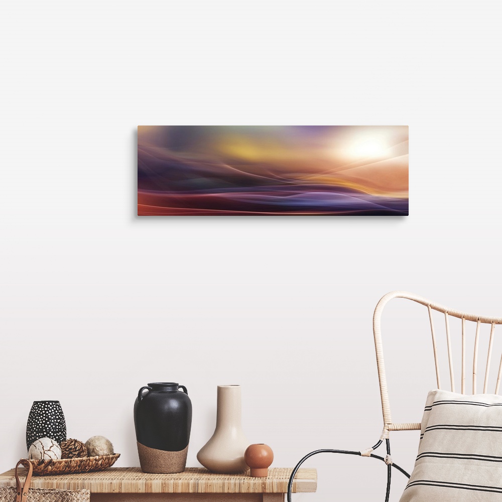 A farmhouse room featuring Abstract photograph of blurred and blended colors and flowing lines in shades of purple and orange.
