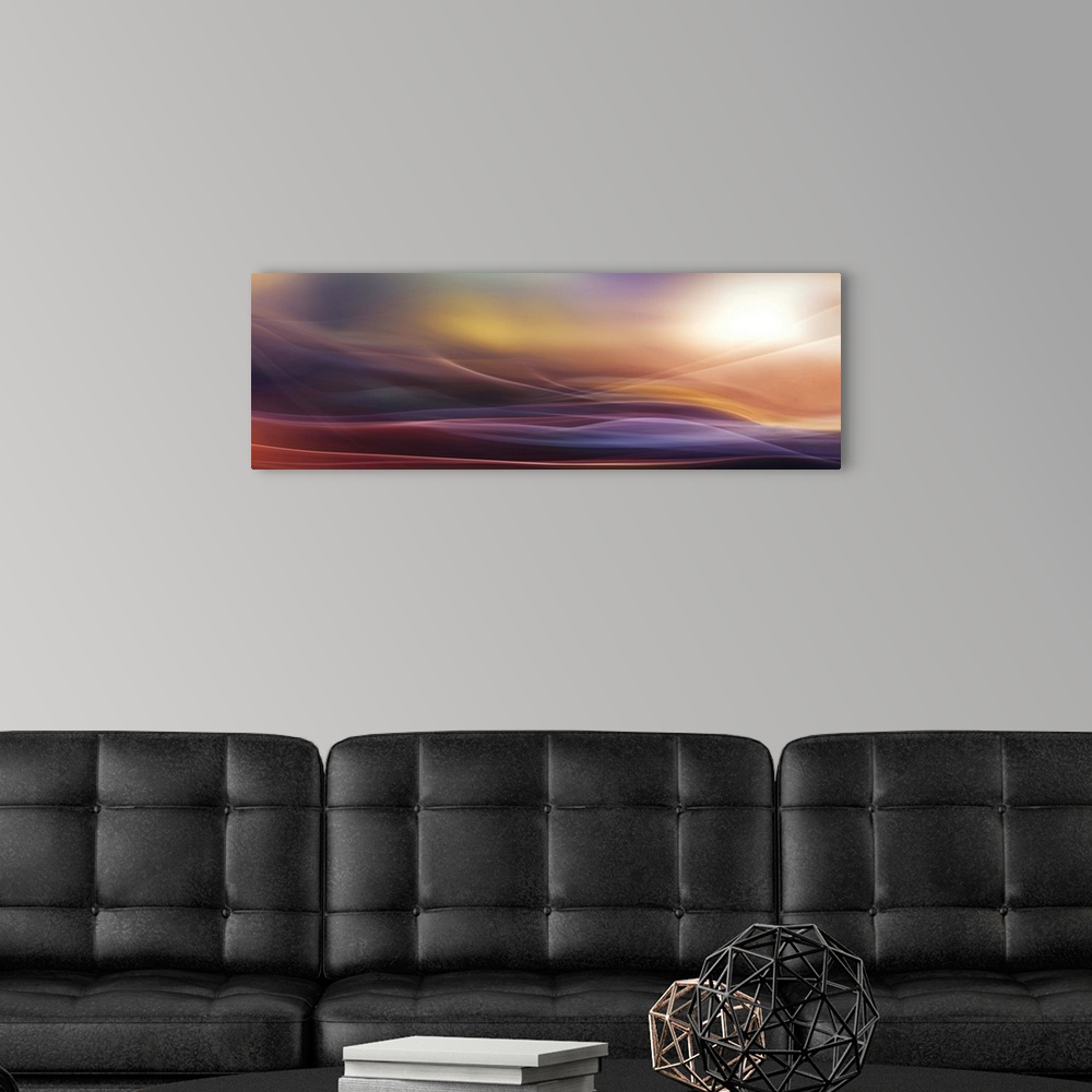 A modern room featuring Abstract photograph of blurred and blended colors and flowing lines in shades of purple and orange.