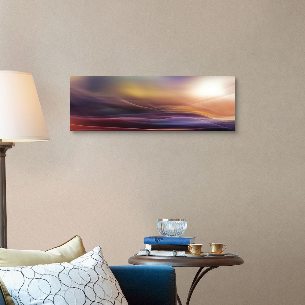 A traditional room featuring Abstract photograph of blurred and blended colors and flowing lines in shades of purple and orange.