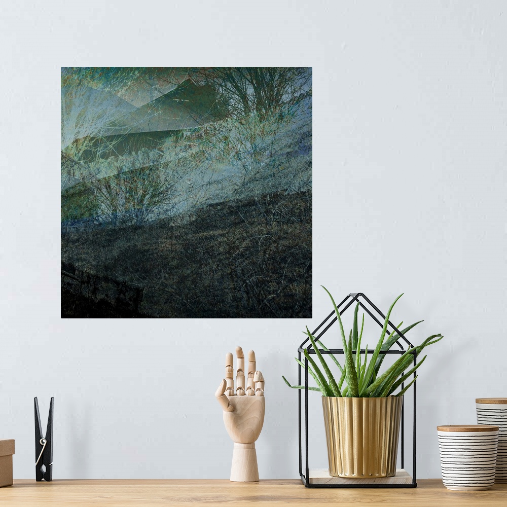 A bohemian room featuring A natural abstracted landscape showing a deep dark melancholy leafless winter hedgerow and trees ...