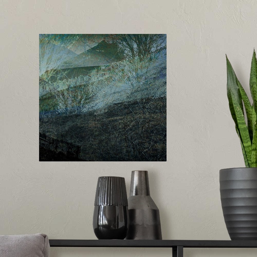 A modern room featuring A natural abstracted landscape showing a deep dark melancholy leafless winter hedgerow and trees ...