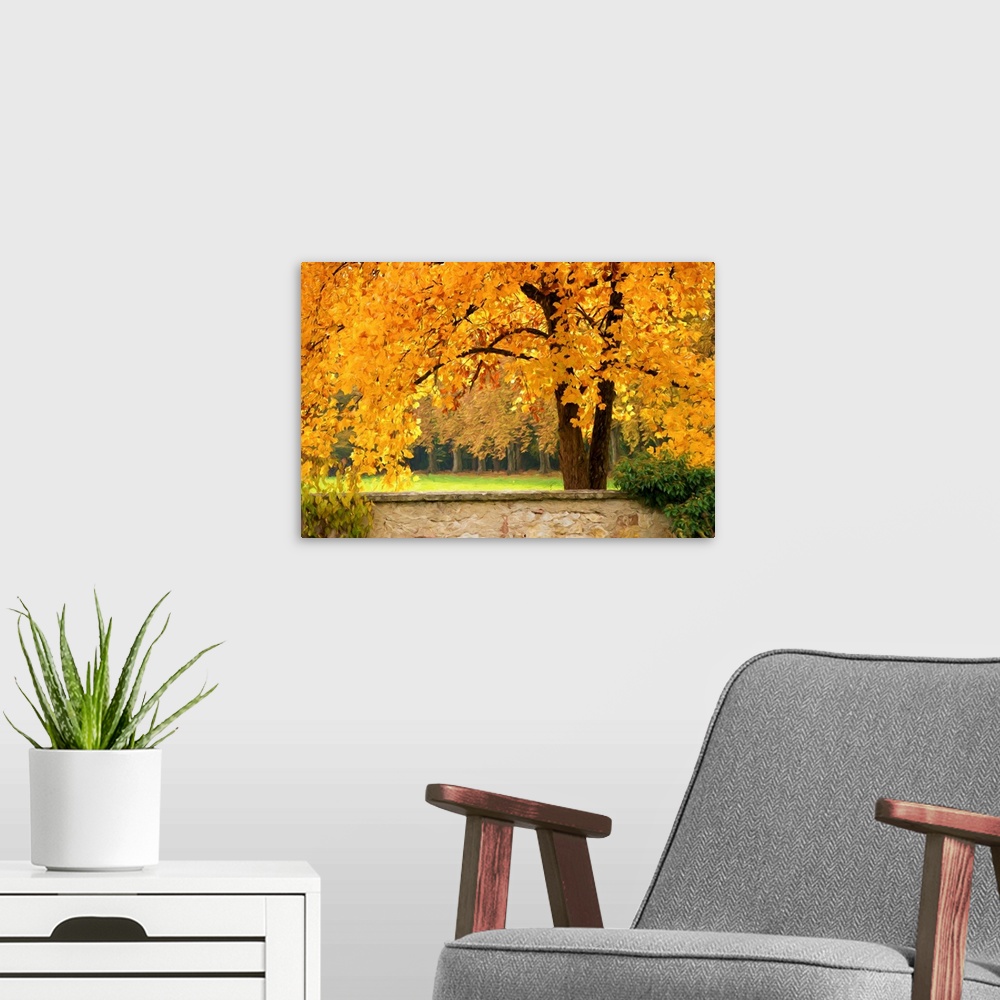 A modern room featuring Fine art photograph of a tree with bright yellow leaves in a forest.