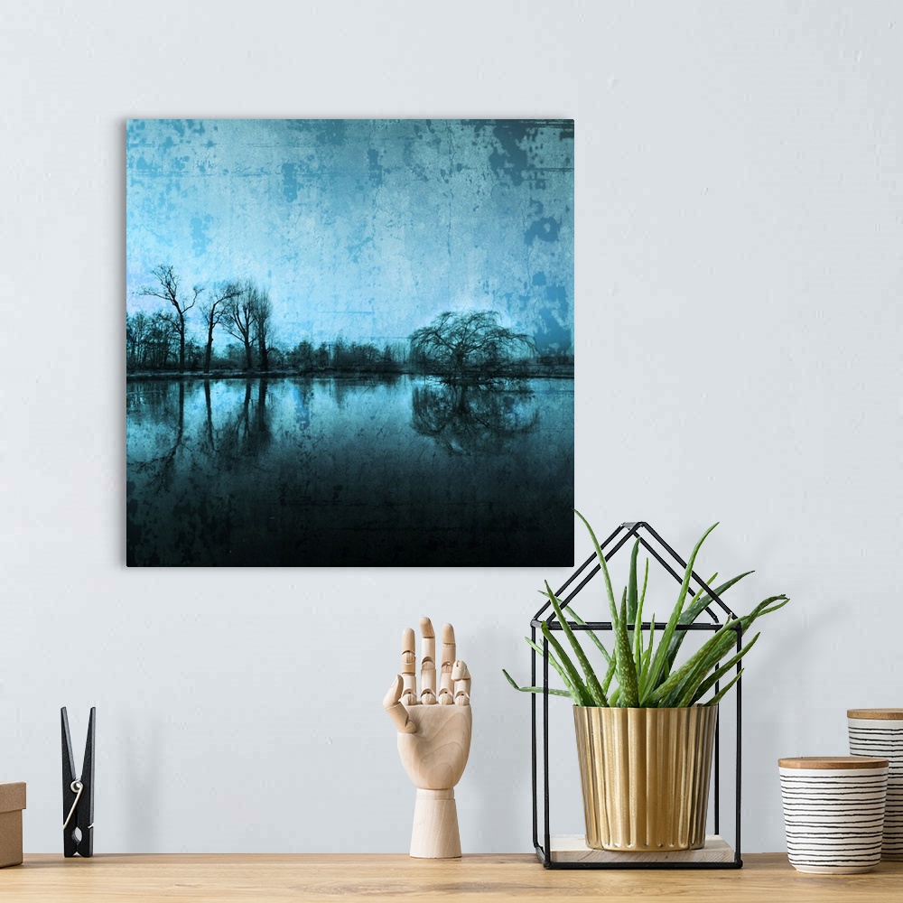 A bohemian room featuring Trees reflected in the water. Photo with a texture