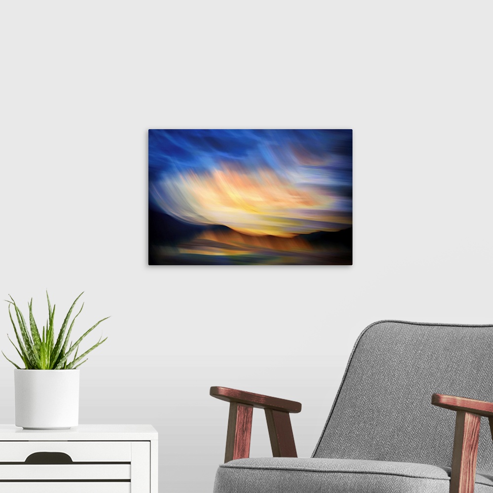 A modern room featuring Abstract image of Slocan lake in British Columbia, Canada, giving an impression of a sunset on th...